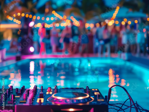 Wallpaper Mural Beach festival, Pool Villas party with dj mixing, Close up portrait of dj mixer table with beautiful evening sunset at tropical beach Torontodigital.ca