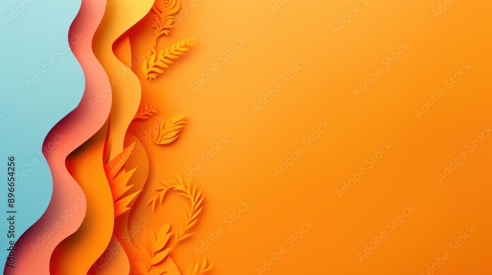 Vibrant Orange and Blue Paper Cut Flowers and Leaves in Wave Shape Background for Fashion and Beauty Design Vibrant Orange and Blue Paper Cut Flowers and Leaves in Wave Shape Background for Fashion and Beauty Design