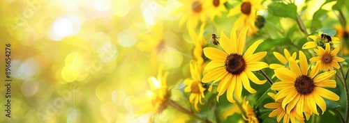 yellow sunflowers with a blurred background yellow flowers, with blurred greenery and sky in the background Generative AI