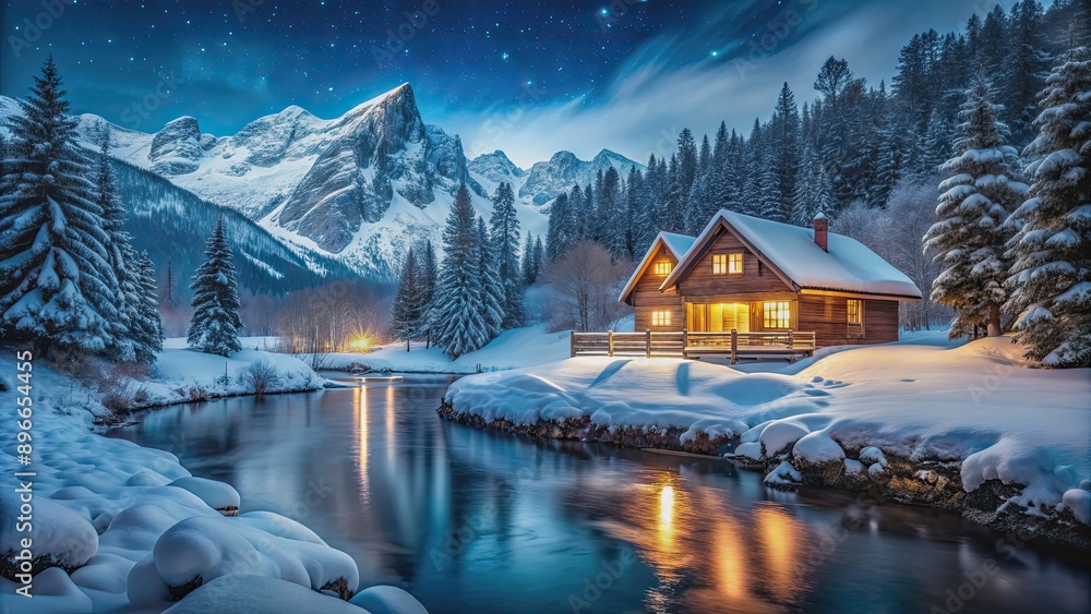 Fototapeta premium Snowy night scene with moonlight showing a cozy house by the river in front of snowy mountains, Snow, winter, night, moonlight