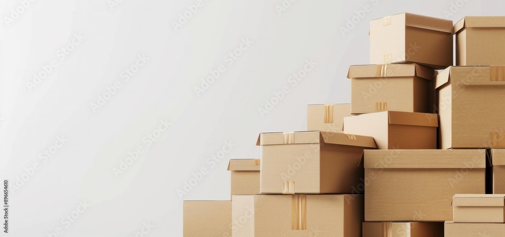 Stacked cardboard boxes on white background with copy space for business and shipping concept Stacked cardboard boxes on white background with copy space for business and shipping concept