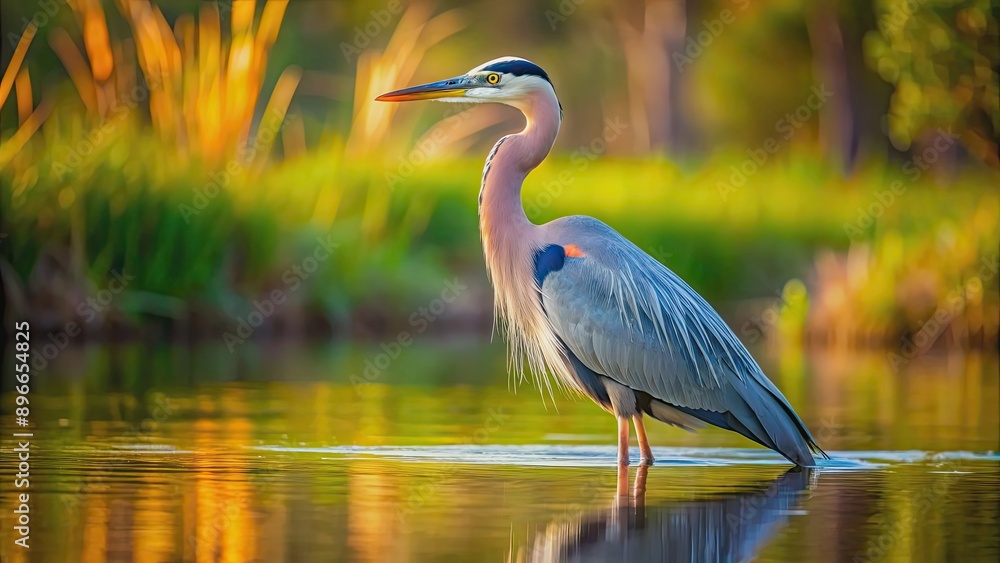 Obraz premium Majestic great blue heron standing in water, bird, wildlife, nature, waterfowl, feathers, elegant, graceful, wading, blue, heron