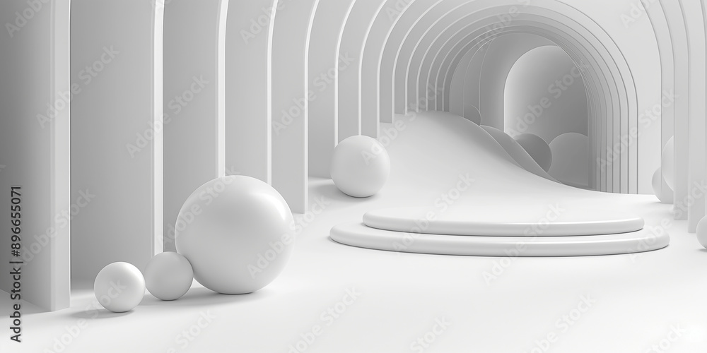 White round podium displaying product with geometric arches in background White round podium displaying product with geometric arches in background