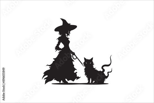 witch silhouette illustration. Halloween witch silhouette. A Silhouette of Witch with Broom.