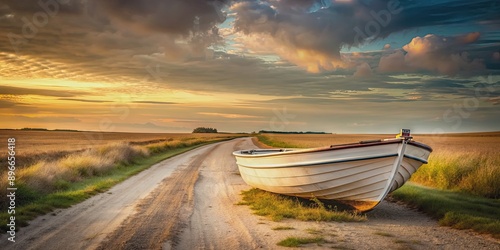 Boat stranded on a country road , boat, road, transportation, unexpected, stranded, surreal, odd, out of place photo