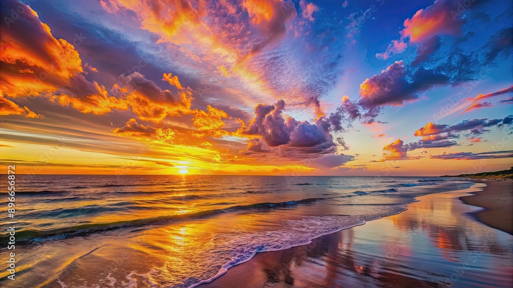 Obraz premium Vibrant sunset over a tranquil beach setting, sunset, beach, colors, sky, horizon, peaceful, ocean, waves, shore, beautiful