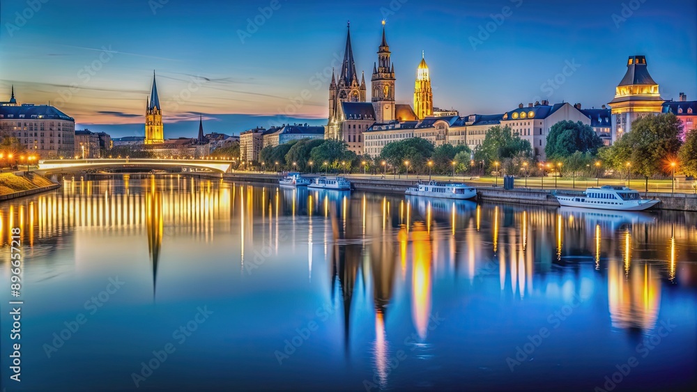 Naklejka premium Vienna skyline reflecting on old Danube at night, Vienna, skyline, old Danube, reflection, night, cityscape, water