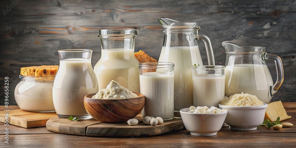 A variety of delicious and healthy milk products displayed on a table, milk products, dairy, sour cream, cottage cheese, cream A variety of delicious and healthy milk products displayed on a table, milk products, dairy, sour cream, cottage cheese, cream