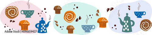 set of delicious and sweet pastries, a coffee pot and coffee cups. Fresh rolls and chocolate muffins for breakfast. A flat cartoon vector illustration isolated on a white background. Banner,  menu