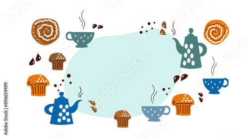 set of delicious and sweet pastries, a coffee pot and coffee cups. Fresh rolls and chocolate muffins for breakfast. A flat cartoon vector illustration isolated on a white background. Banner,  menu
