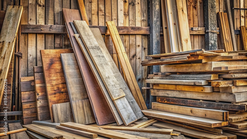 Fototapeta premium Remains of building materials, old wooden boards with stop sign , abandoned, weathered