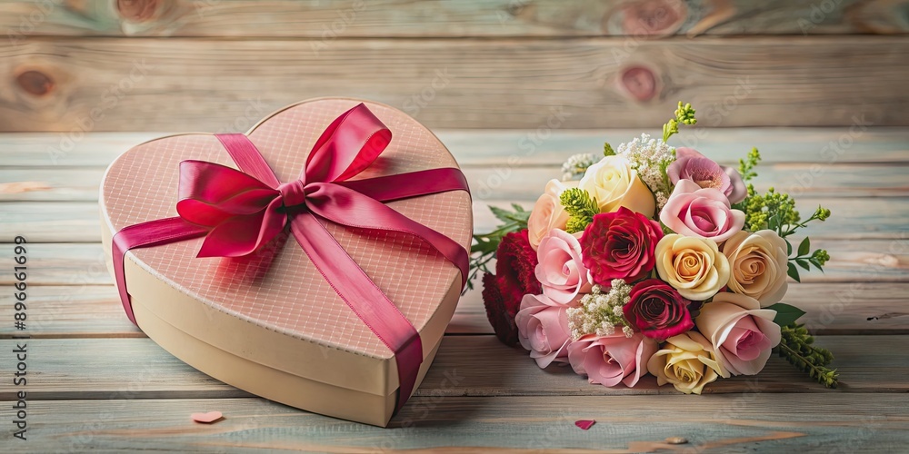 Beautiful of a heart-shaped gift box with flowers and ribbon for Mother?s Day or Valentine?s Day celebration Beautiful of a heart-shaped gift box with flowers and ribbon for Mother?s Day or Valentine?s Day celebration