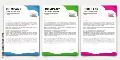 Elegant Letterhead Template Set in Blue, Green, and Pink Modern Letterhead Design Template for Corporate Use

