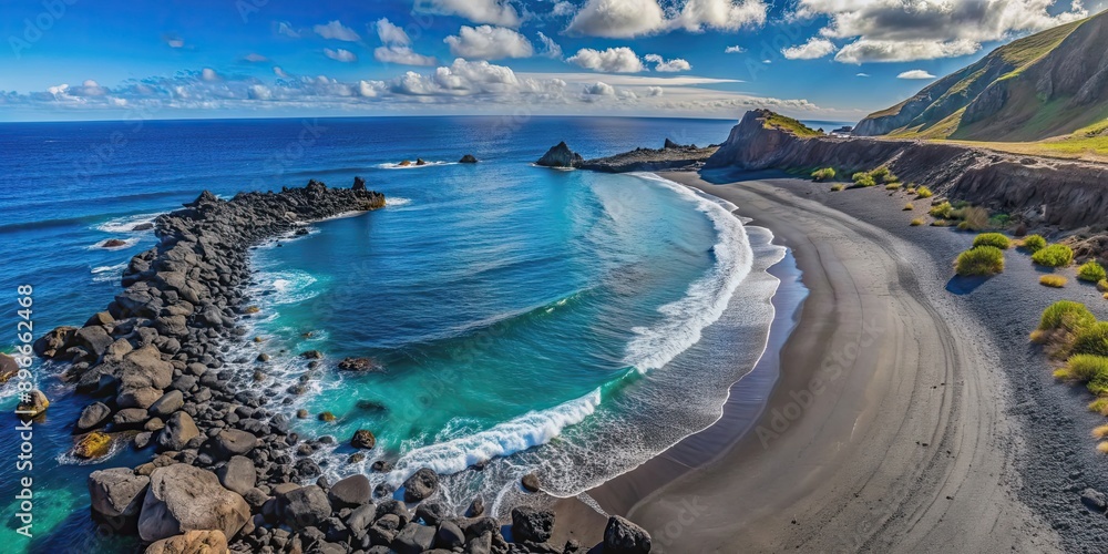 Fototapeta premium Scenic beach with black stones and blue water, captured in a stunning drone shot, beach, scenic, stones