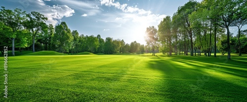 Serene Green Meadow in the Park: Peaceful Nature Landscape with Trees Under a Bright Sunny Sky - Copy Space Concept