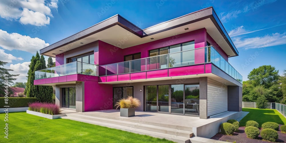 Bright fuchsia modern suburban home with glass balcony and minimalist landscaping, full front view during summer, fuchsia Bright fuchsia modern suburban home with glass balcony and minimalist landscaping, full front view during summer, fuchsia