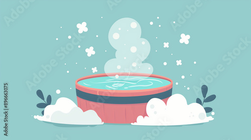 A cartoon illustration of a hot tub with steam rising from the water, flat style design photo