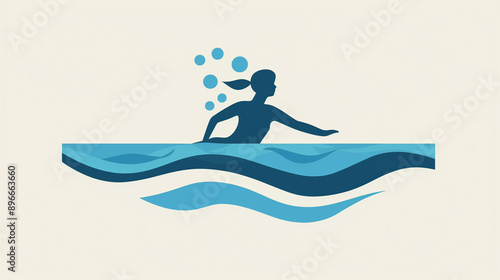 A woman swims through water, her hair tied back, and leaving a trail of bubbles behind her, flat style design