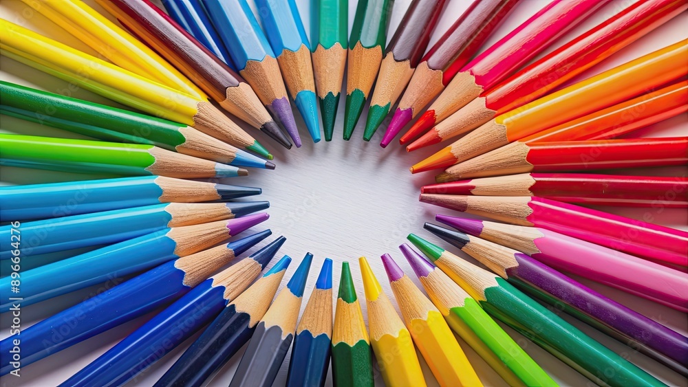Close-up view of vibrant sharpened colored pencils in a circular arrangement , art supplies, drawing, vibrant, colorful