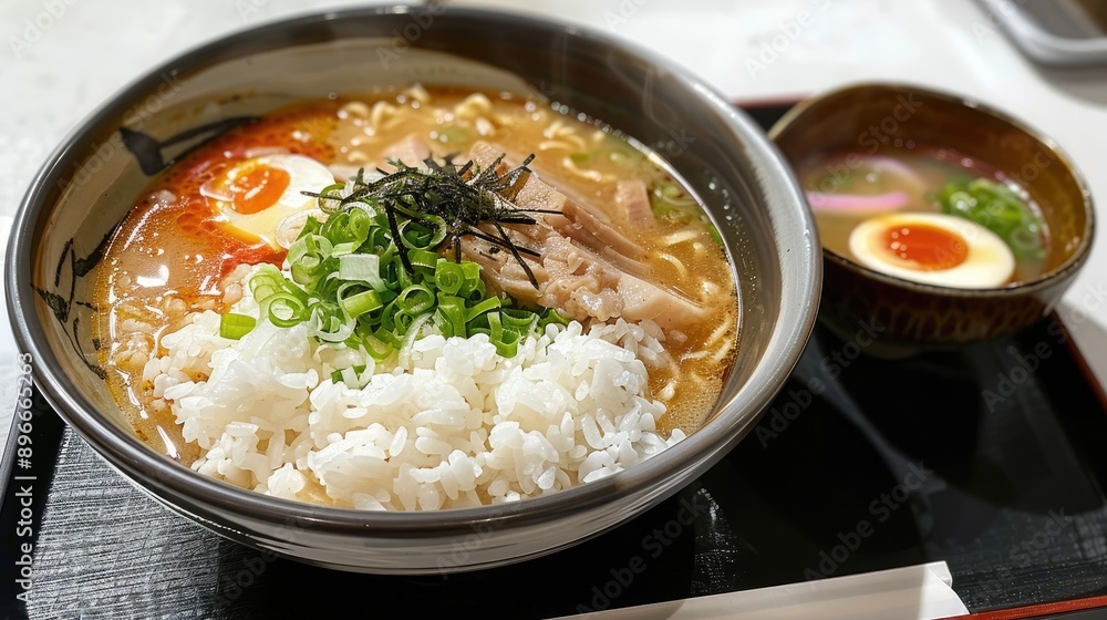 Traditional Japanese ramen served with rice, egg, and green onions in a flavorful broth, capturing the essence of authentic Japanese cuisine Traditional Japanese ramen served with rice, egg, and green onions in a flavorful broth, capturing the essence of authentic Japanese cuisine