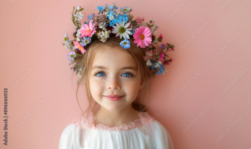 Portrait of blonde little girl with flower wreath on head, studio shot pink background, copy space Portrait of blonde little girl with flower wreath on head, studio shot pink background, copy space