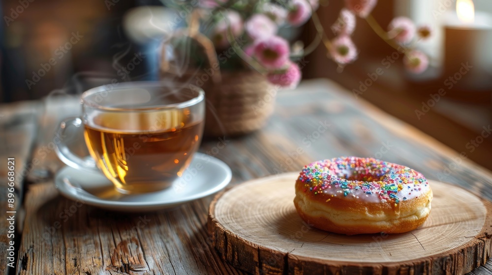 Celebration concept with tea donut and wooden setting Celebration concept with tea donut and wooden setting