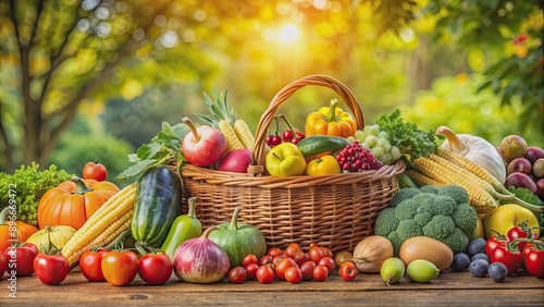 Abundant harvest of fresh fruits and vegetables against a beautiful natural background , bountiful, plentiful, harvest