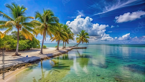 Sunny day at the Florida Keys beach, with crystal clear blue waters and palm trees , Florida Keys, beach, sunny, tropical © Udomner