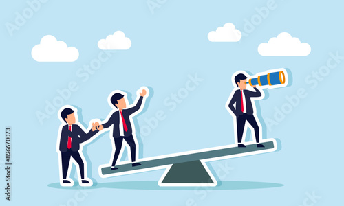 Teamwork or partnership to support leader to success and reach goal, help or assist by team or colleagues, cooperate or togetherness concept, businessmen team members help push seesaw for success.