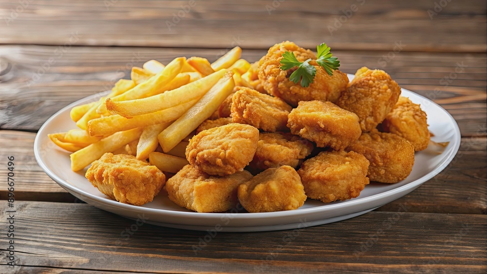 Delicious chicken nuggets and golden fries on a white plate, comfort food, fast food, crispy, fried, appetizer, tasty, lunch Delicious chicken nuggets and golden fries on a white plate, comfort food, fast food, crispy, fried, appetizer, tasty, lunch