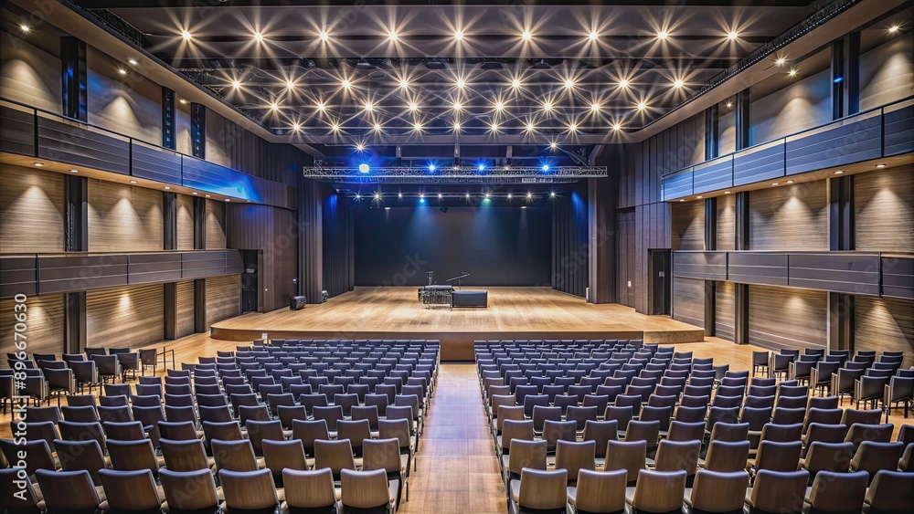 Naklejka premium Empty seats in half-dark auditorium during live performance, auditorium, empty, seats, half-darkness, live performance