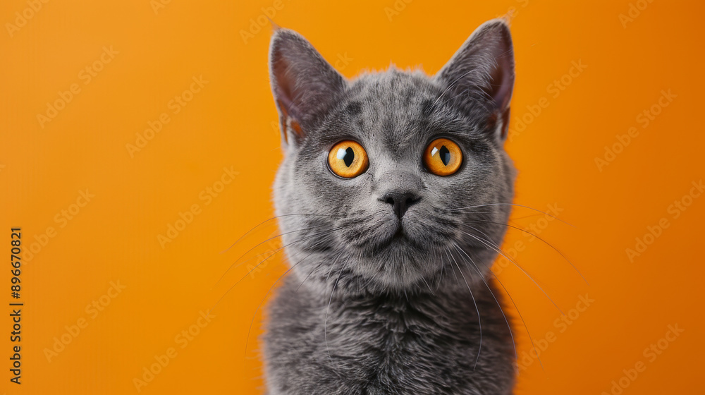 Gray cat with orange eyes against an Gray cat with orange eyes against an
