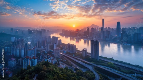 Sunrise Over Cityscape with River and Mountains