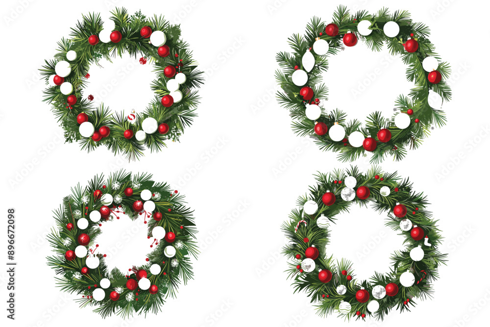 Set of Christmas wreath with balls on white background, Christmas wreath with red and white balls, Fir wreath with red Christmas balls, Christmas design element, Christmas wreath with green fir branch Set of Christmas wreath with balls on white background, Christmas wreath with red and white balls, Fir wreath with red Christmas balls, Christmas design element, Christmas wreath with green fir branch