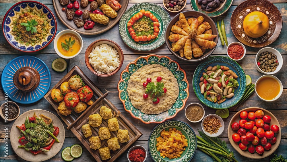 Fototapeta premium A beautifully set table with an assortment of delicious Iftar dishes , Ramadan, breaking fast