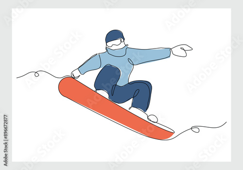 Continuous single line sketch drawing of man snowboarder ride speed at mountain. One line art of extreme sport winter snowboard vector illustration