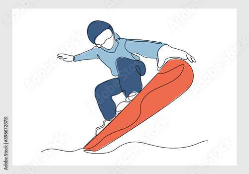 Continuous single line sketch drawing of man snowboarder ride speed at mountain. One line art of extreme sport winter snowboard vector illustration