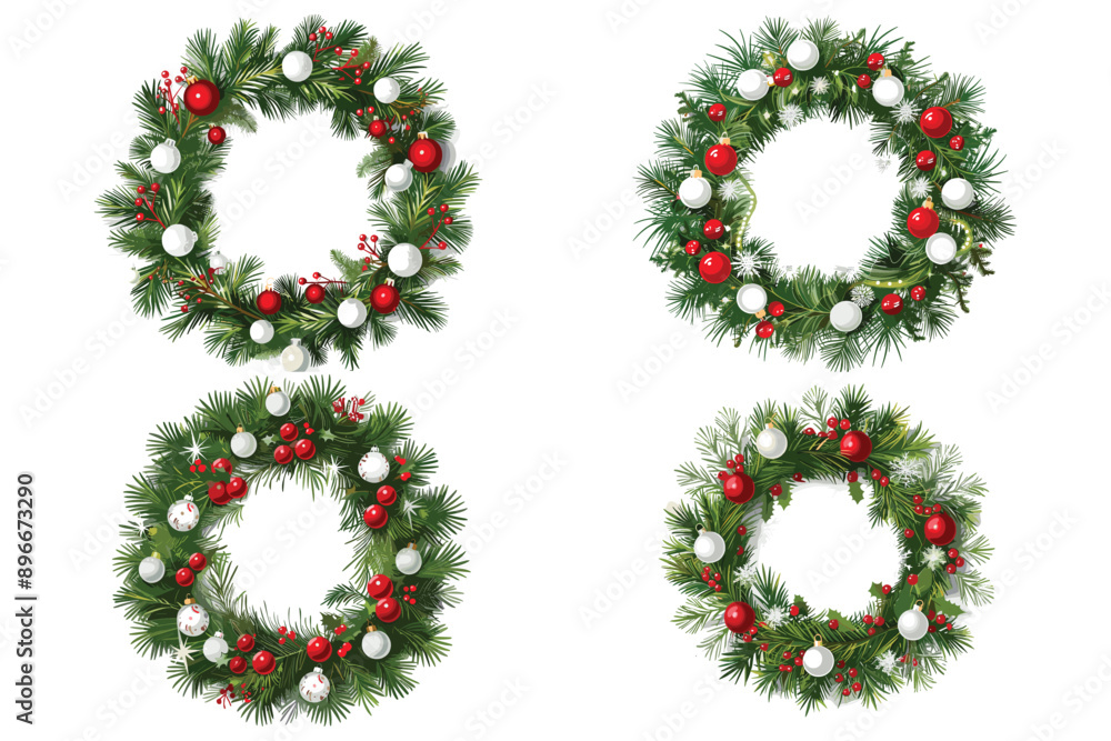 Set of Christmas wreath with balls on white background, Christmas wreath with red and white balls, Fir wreath with red Christmas balls, Christmas design element, Christmas wreath with green fir branch Set of Christmas wreath with balls on white background, Christmas wreath with red and white balls, Fir wreath with red Christmas balls, Christmas design element, Christmas wreath with green fir branch