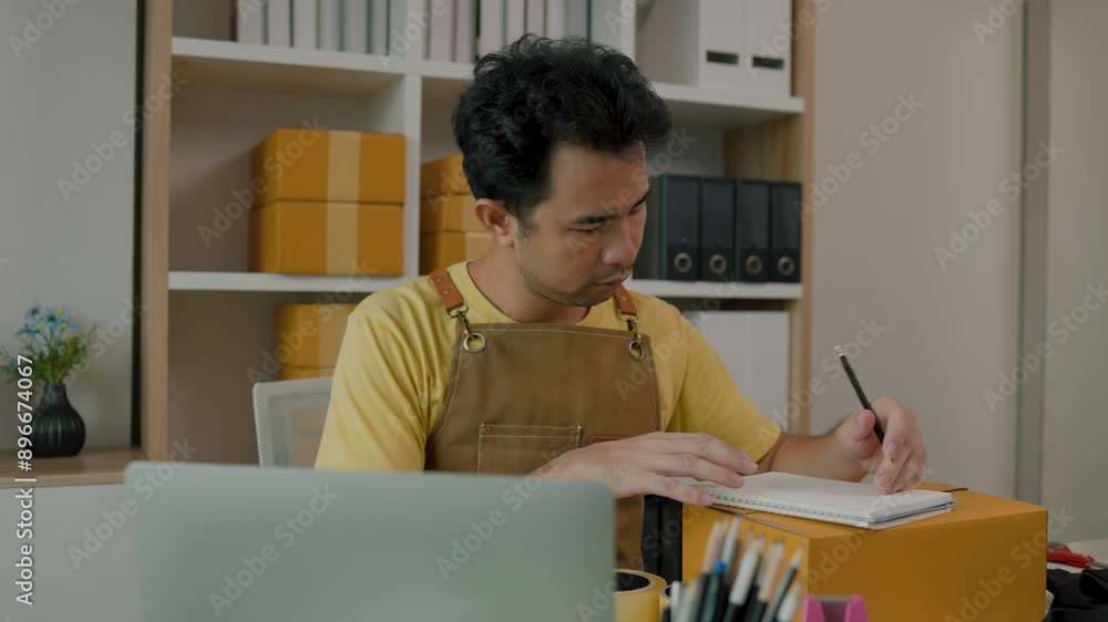 An entrepreneur is running his online small business, his preparation helped him a lot in filling out the information on the parcel, written to sort the order of products in the package.