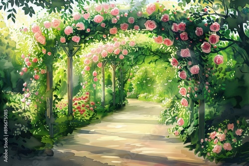 Enchanting garden path with rose covered archways