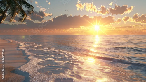 A peaceful 3D clipart of a sunrise over a beach