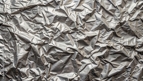 Wrinkled silver paper with shiny texture, metallic, reflective, abstract, background, crumpled