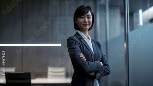 Businesswoman stands office confident and positive her arms crossed professional. AI generated