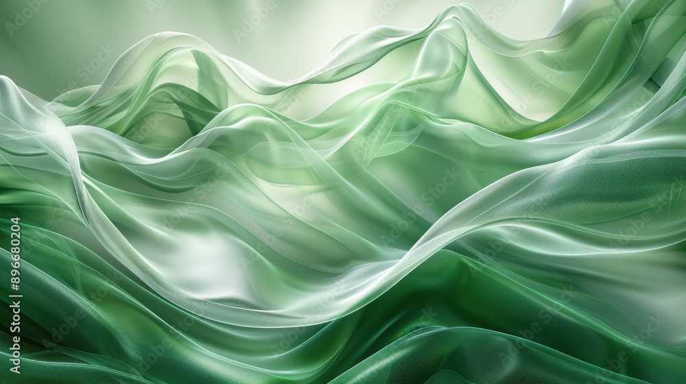 Fototapeta premium A flowing, abstract green fabric with smooth, translucent waves. The fabric undulates softly, creating a sense of movement and fluidity.