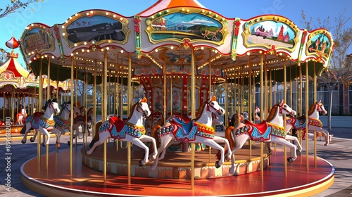 A vibrant 3D clipart of a carnival carousel with horses © thung