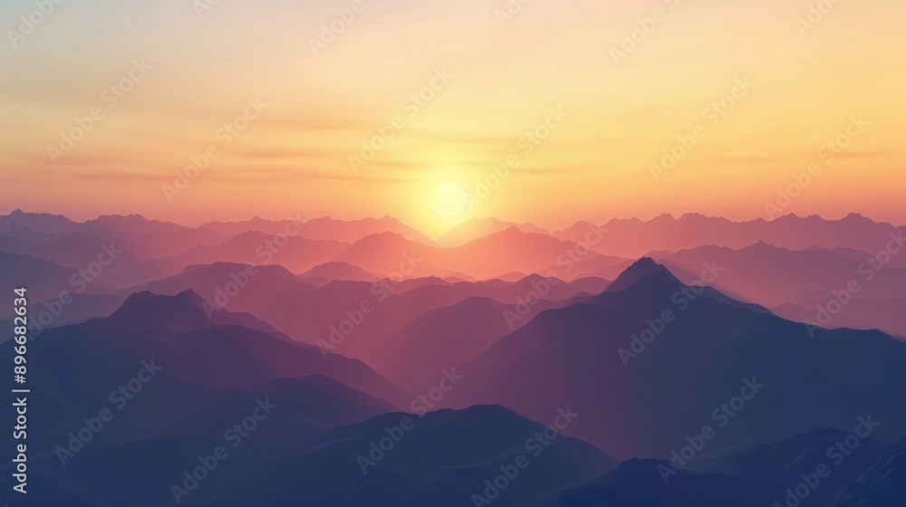 A serene 3D clipart of a sunrise over a mountain range A serene 3D clipart of a sunrise over a mountain range