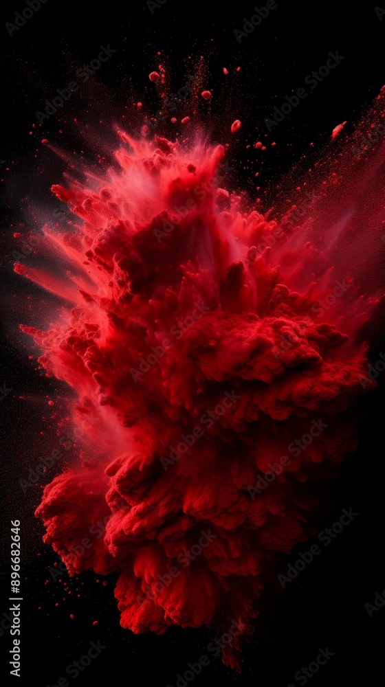 Fototapeta premium Dynamic explosion of vibrant red powder against a black background, creating a dramatic and energetic visual impact.