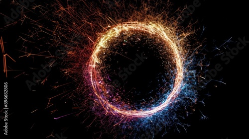 Colorful sparks form a circle over black background.