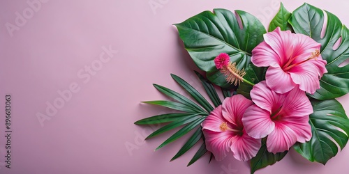 Tropical arrangement of pink hibiscus flowers and monstera leaves on background, tropical, arrangement, pink, hibiscus