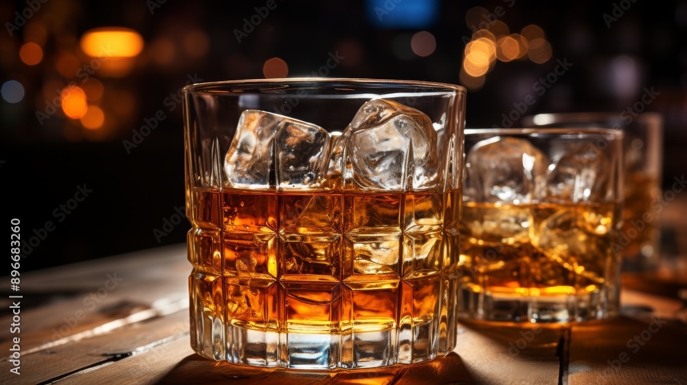 Close-up of two glasses of whiskey with ice cubes on a wooden table in a dimly lit bar setting. Perfect for beverage and lifestyle themes. Close-up of two glasses of whiskey with ice cubes on a wooden table in a dimly lit bar setting. Perfect for beverage and lifestyle themes.